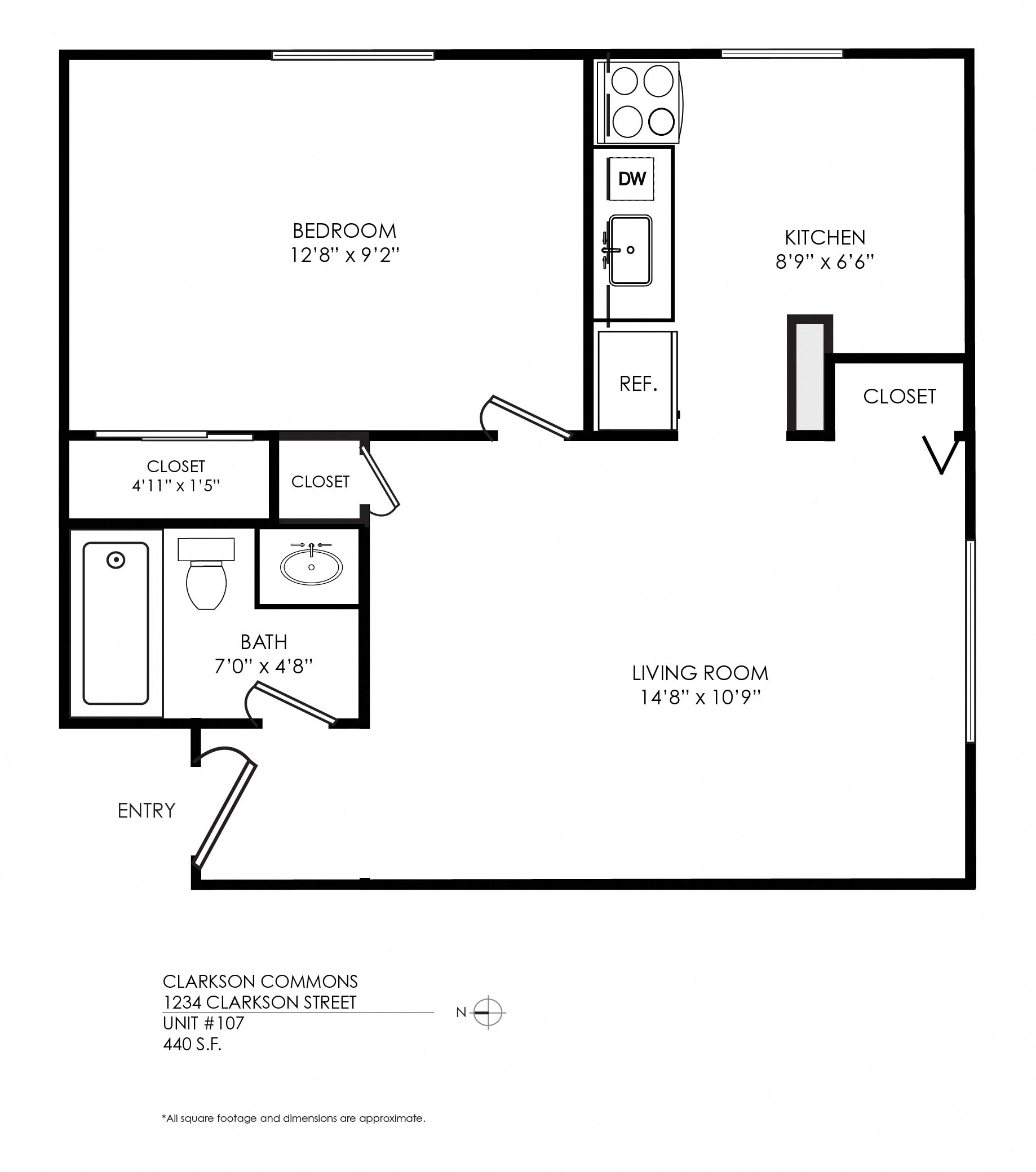 Floor plan for 1 bed, 1 bath, 440 sqft